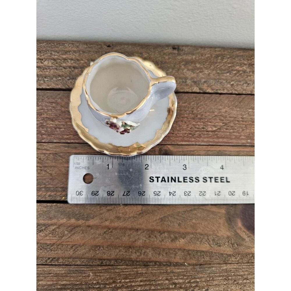Vintage Miniature Light Gray Cup And Saucer Raised Flower Design
